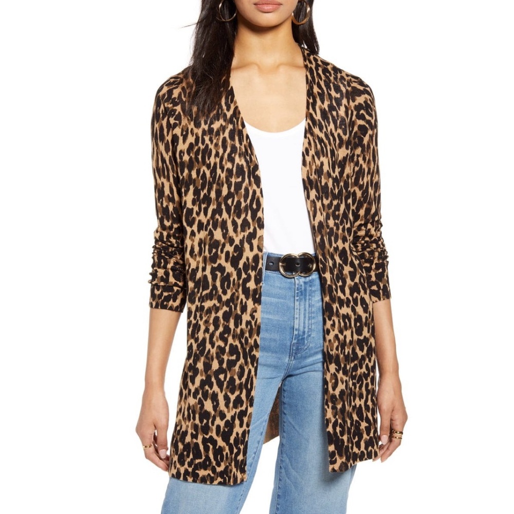 Halogen Sweater Womens L Brown leopard Cardigan.